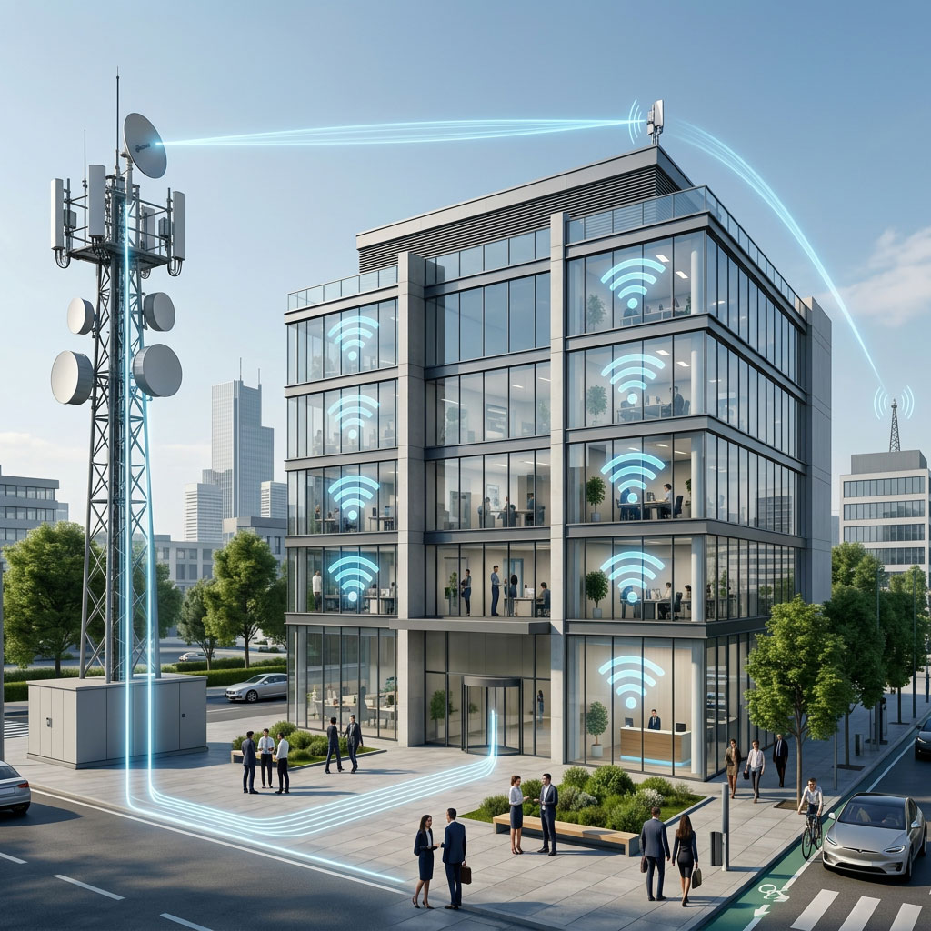 Firefly_Gemini-Flash_A-realistic-and-modern-business-scene-clearly-representing-internet-connectivity-serv-627604 Offerte internet business cuneo per aziende, Linea Wifi aziendale, Ponti Radio, Fibra veloce. connettività